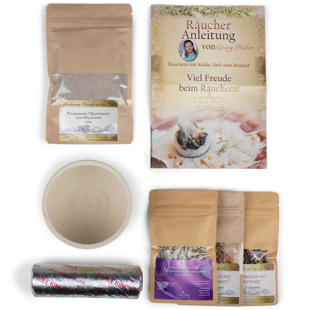 Räucherset mit Räucherkohle, Räucherschale, Sand, Probemischungen und der Räuchermischung Energetische Hausreinigung