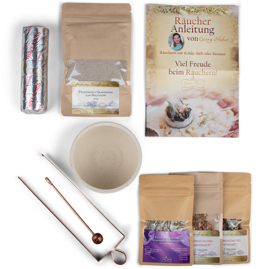 Räucherset mit Kohle, Schale, Sand, Mischungen, Zange und Löffel