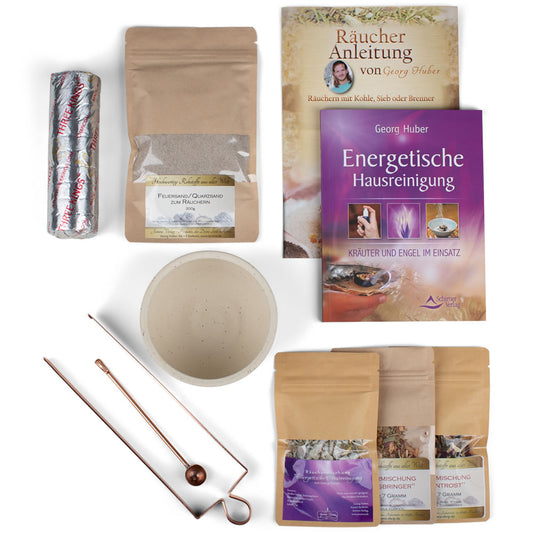 Räucherset mit Kohle, Schale, Sand, Mischungen und Buch Energetische Hausreinigung