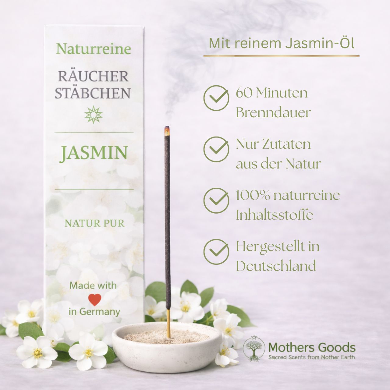 Naturreine Jasmin-Räucherstäbchen - hergestellt in Deutschland