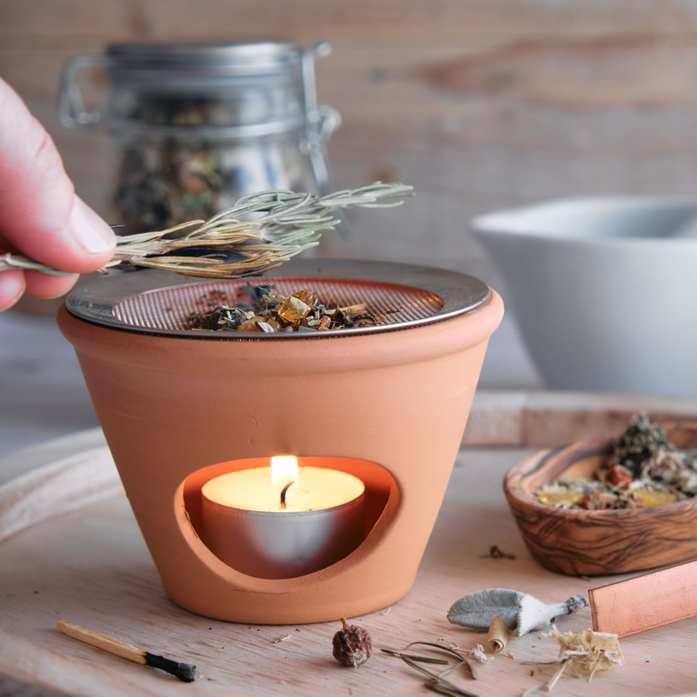 Räuchergefäß Terracotta klein mit Sieb und Teelicht