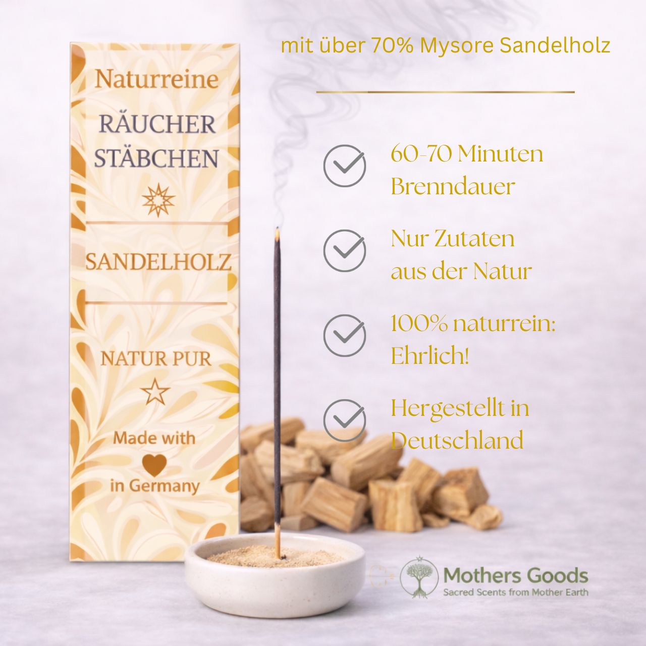Naturreine Sandelholz-Räucherstäbchen "Mysore" - hergestellt in Deutschland