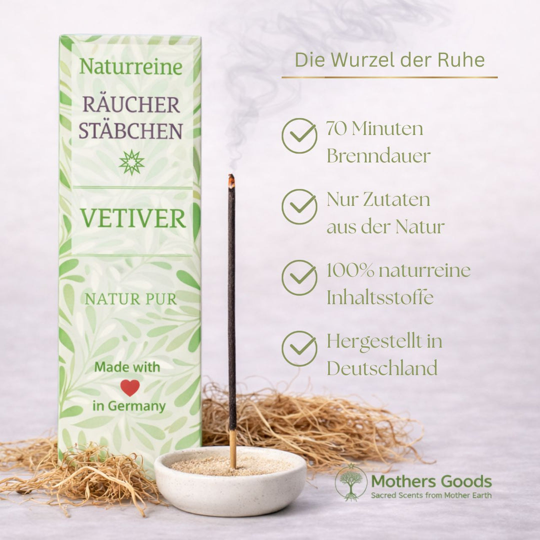 Naturreine Vetiver-Räucherstäbchen - hergestellt in Deutschland