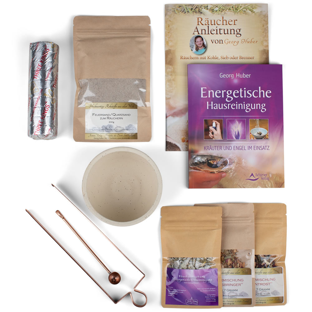 Räucherset mit Kohle, Schale, Sand, Mischungen und Buch Energetische Hausreinigung